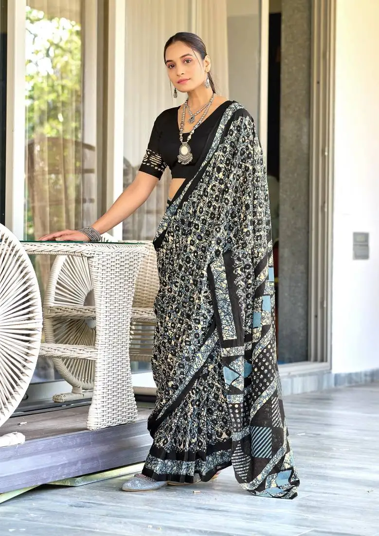 Black soft cotton hand block batik print saree with matching blouse piece-ready to wear