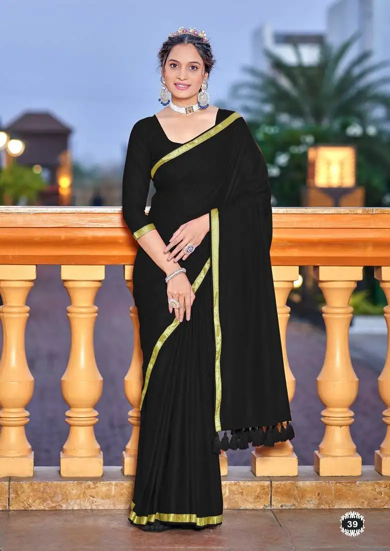 Black soft cotton zari border saree with matching blouse piece