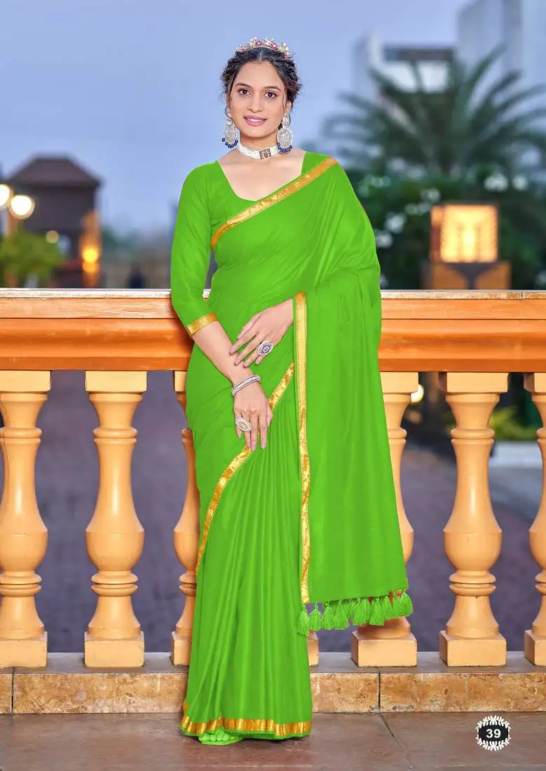 Green soft cotton zari border saree with matching blouse piece