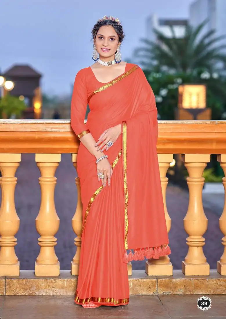 Peach soft cotton zari border saree with matching blouse piece