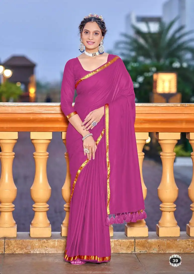 Purple soft cotton zari border saree with matching blouse piece