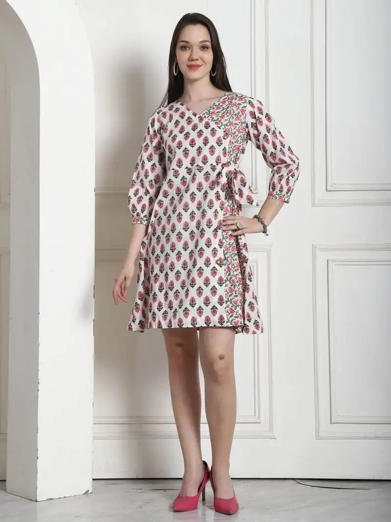 Women's pure cambric cotton jaipuri printed western dress stitched