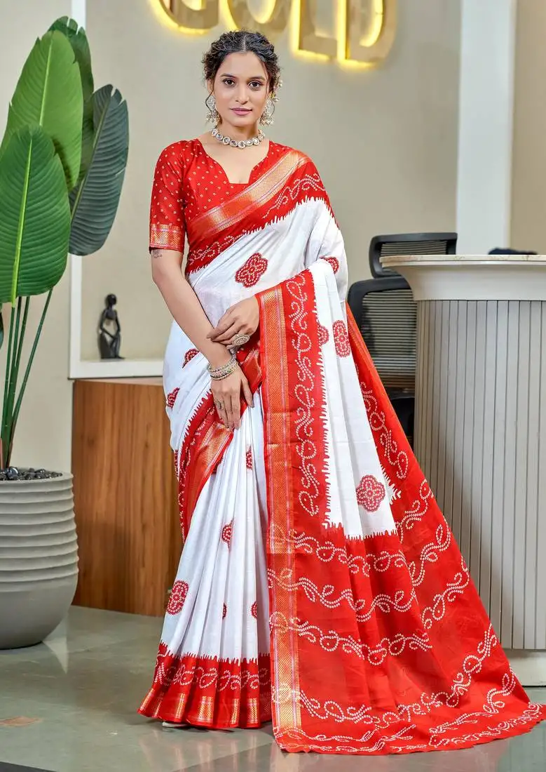 Red soft pure cotton bandhani printed saree with printed blouse piece