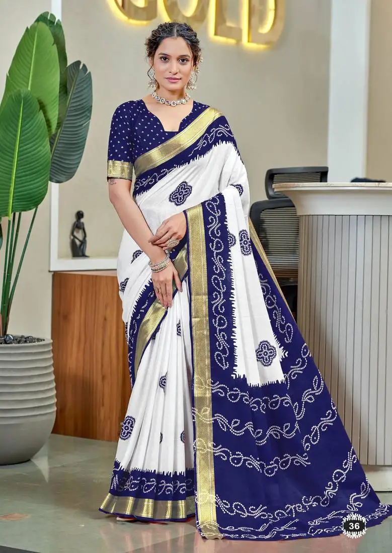 Dark blue cotton bandhani printed saree with blouse piece