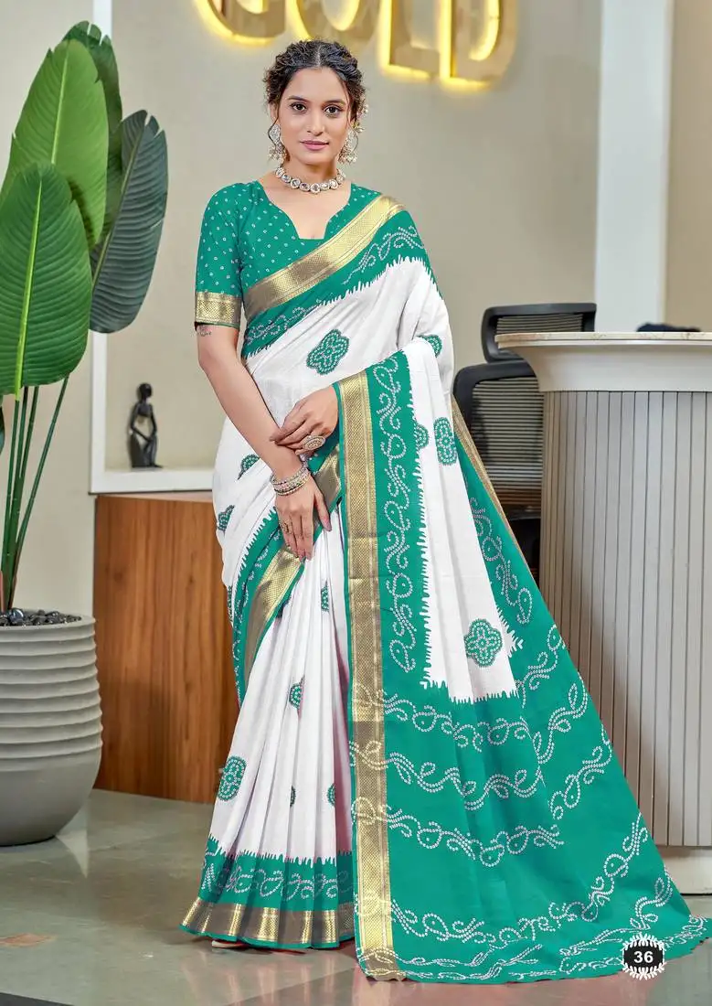 Teal soft pure cotton bandhani printed saree with printed blouse piece