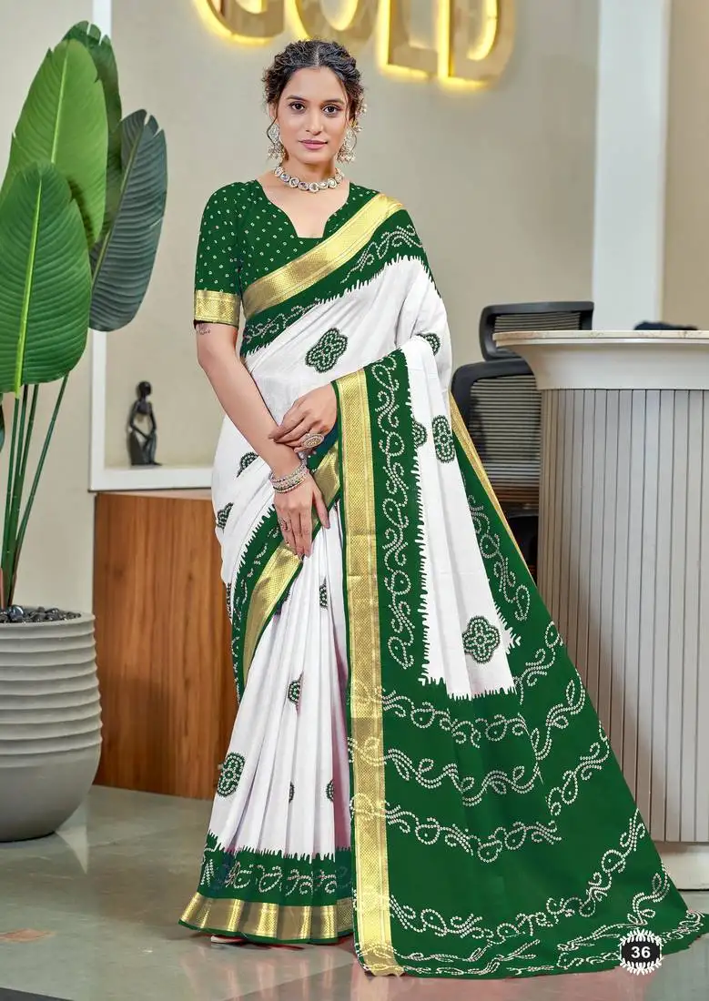 Green soft pure cotton bandhani printed saree with printed blouse piece