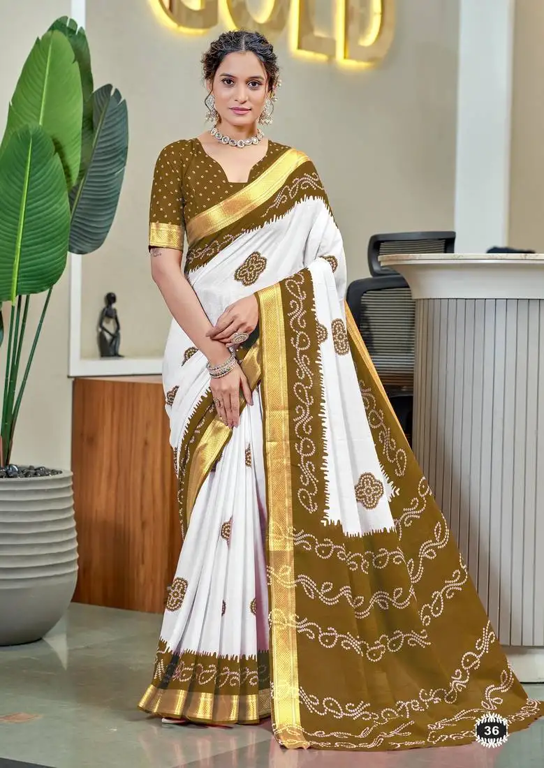 Olive soft pure cotton bandhani printed saree with printed blouse piece