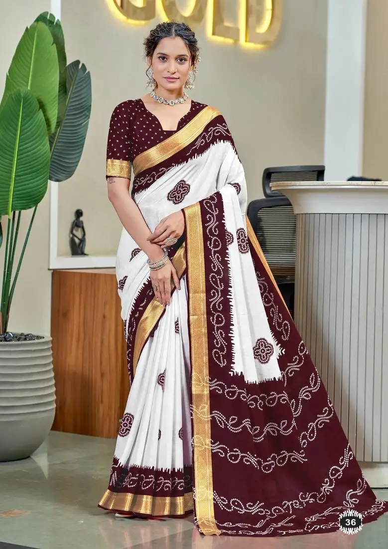 Brown soft pure cotton bandhani printed saree with printed blouse piece