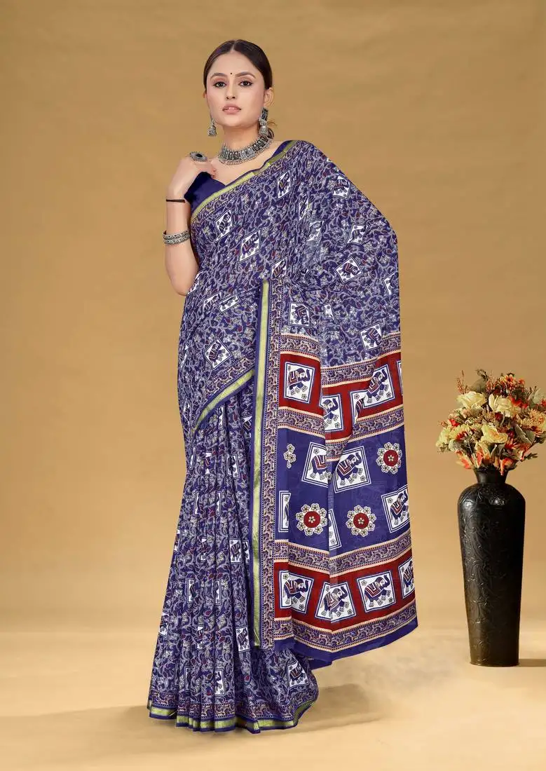 Blue soft pure cotton bagru printed saree with printed blouse piece