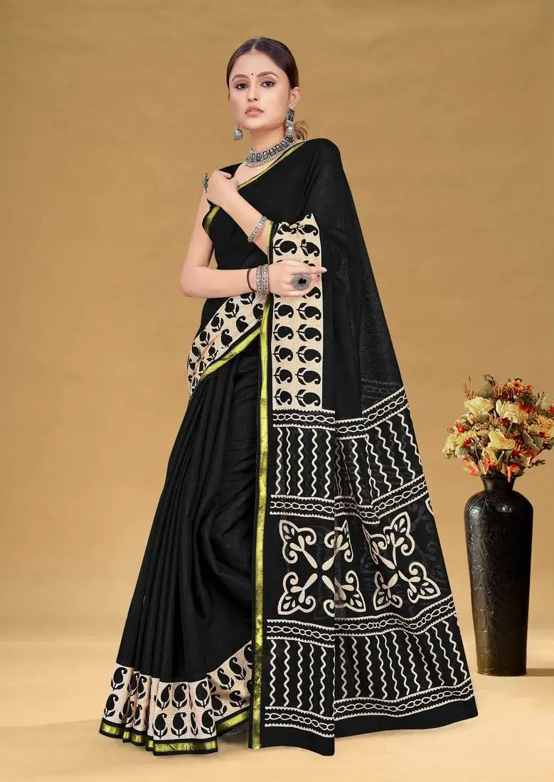 Black soft pure cotton bagru printed saree with printed blouse piece
