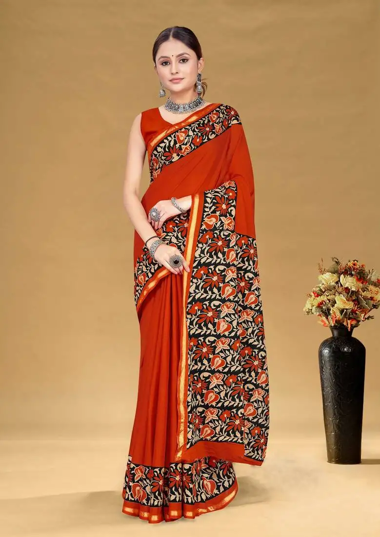 Orange soft pure cotton bagru printed saree with printed blouse piece