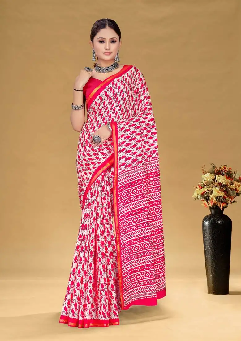 Pink soft pure cotton bagru printed saree with printed blouse piece