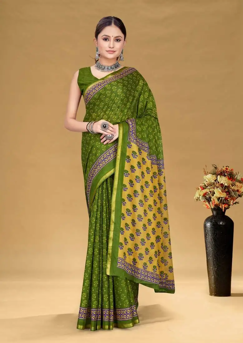Green soft pure cotton bagru printed saree with printed blouse piece