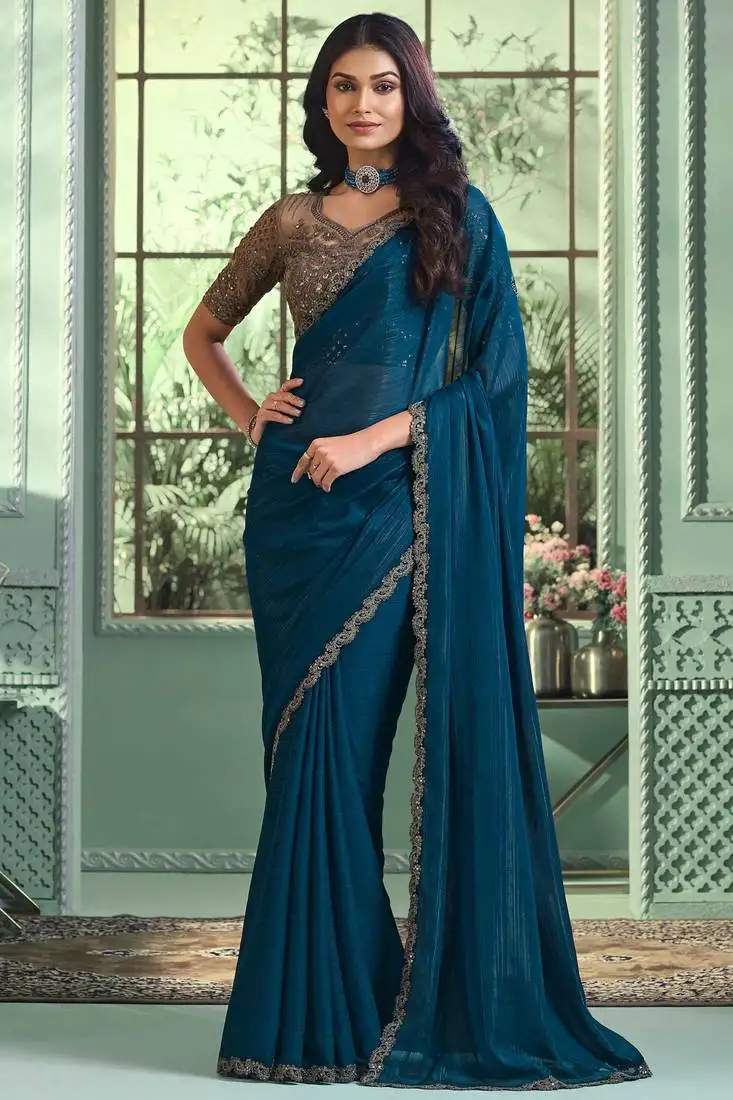 Teal blue embroidery sequins work georgette saree with blouse