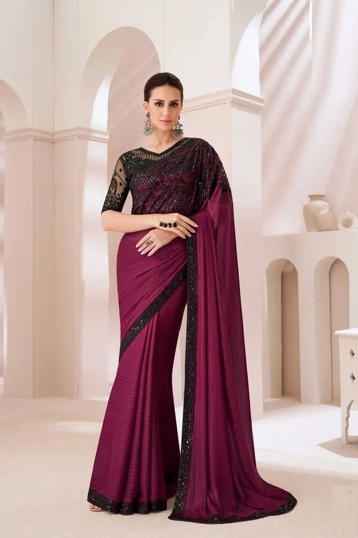 Wine embroidery sequin work georgette saree with blouse