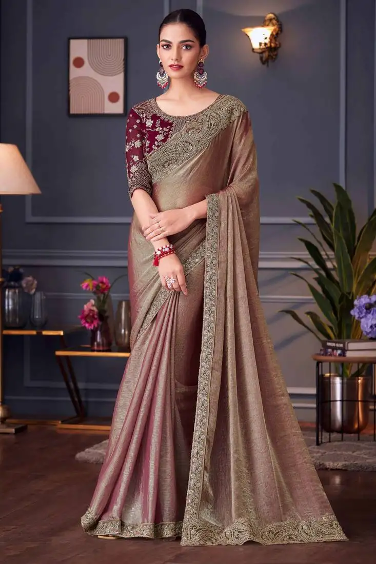 Fawn embroidery sequins work silk blend saree with blouse