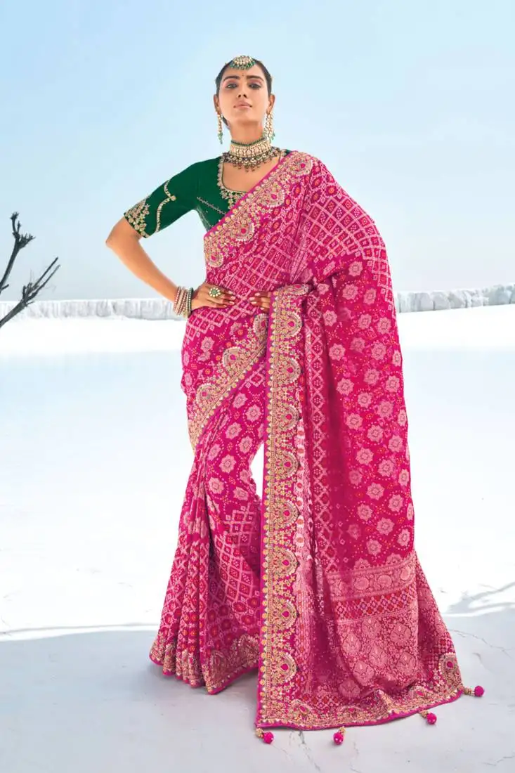 Pink emboidery zari sequins georgette saree with blouse