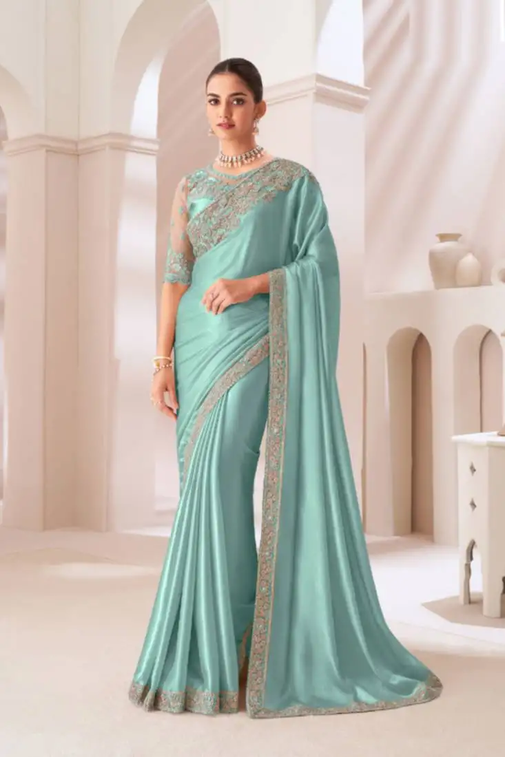 Turquoise embroidery sequins work satin chiffon saree with blouse