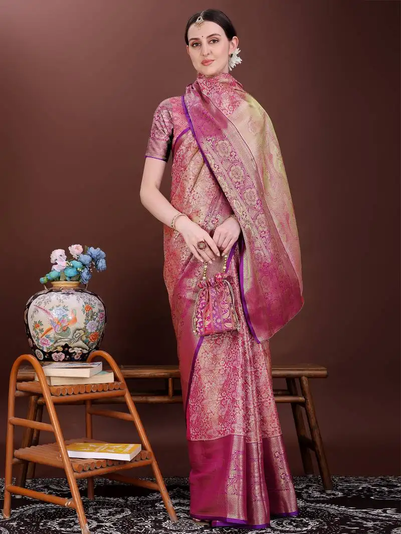 Dark pink zari woven silk blend saree