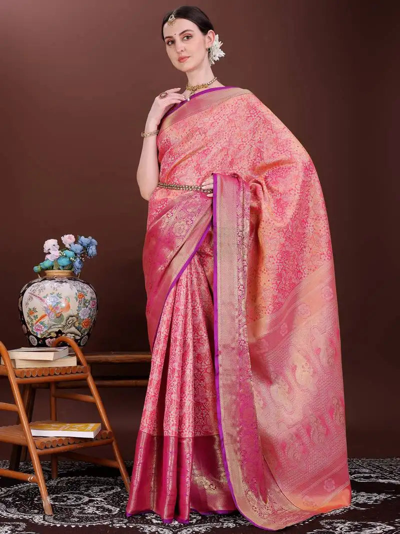 Pink zari woven silk blend saree