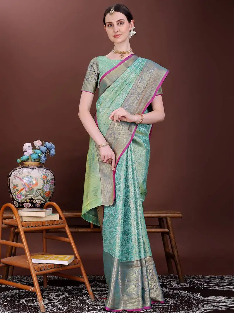 Teal zari woven silk blend saree