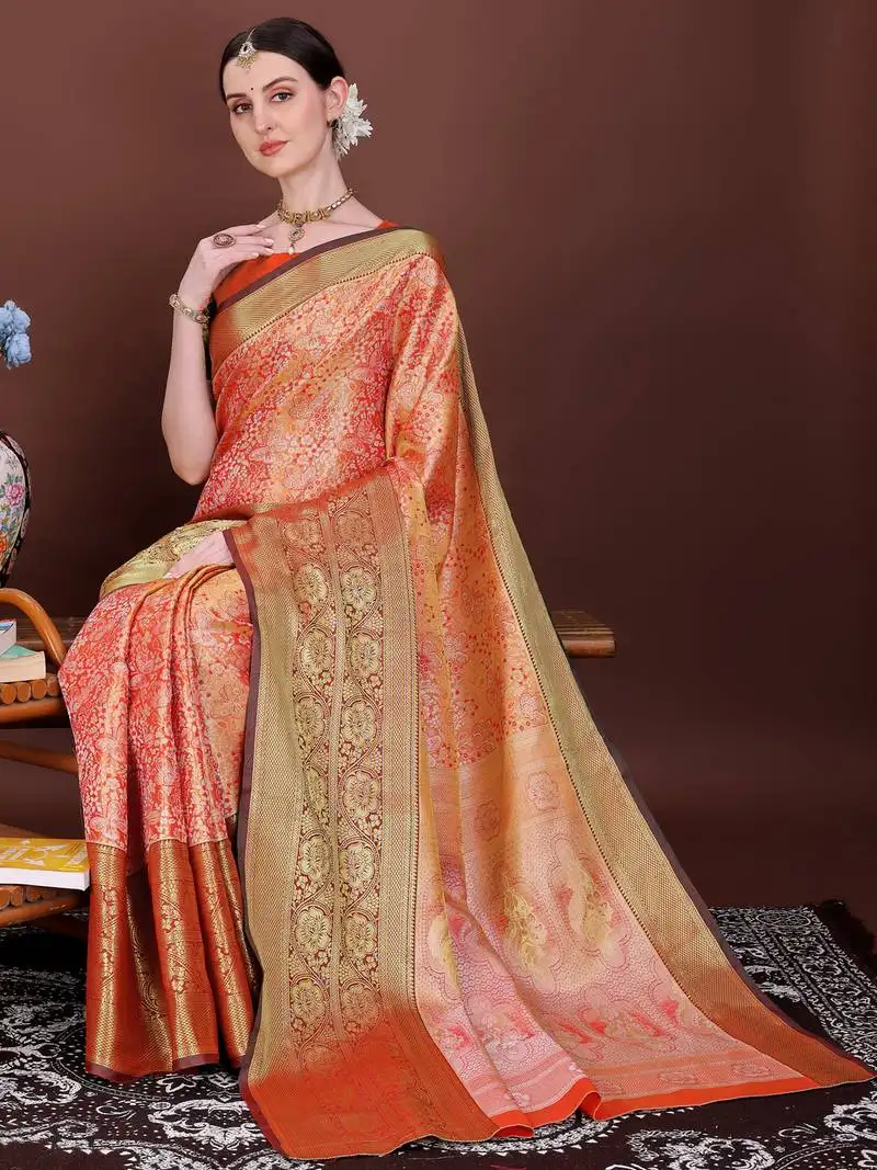 Red zari woven silk blend saree