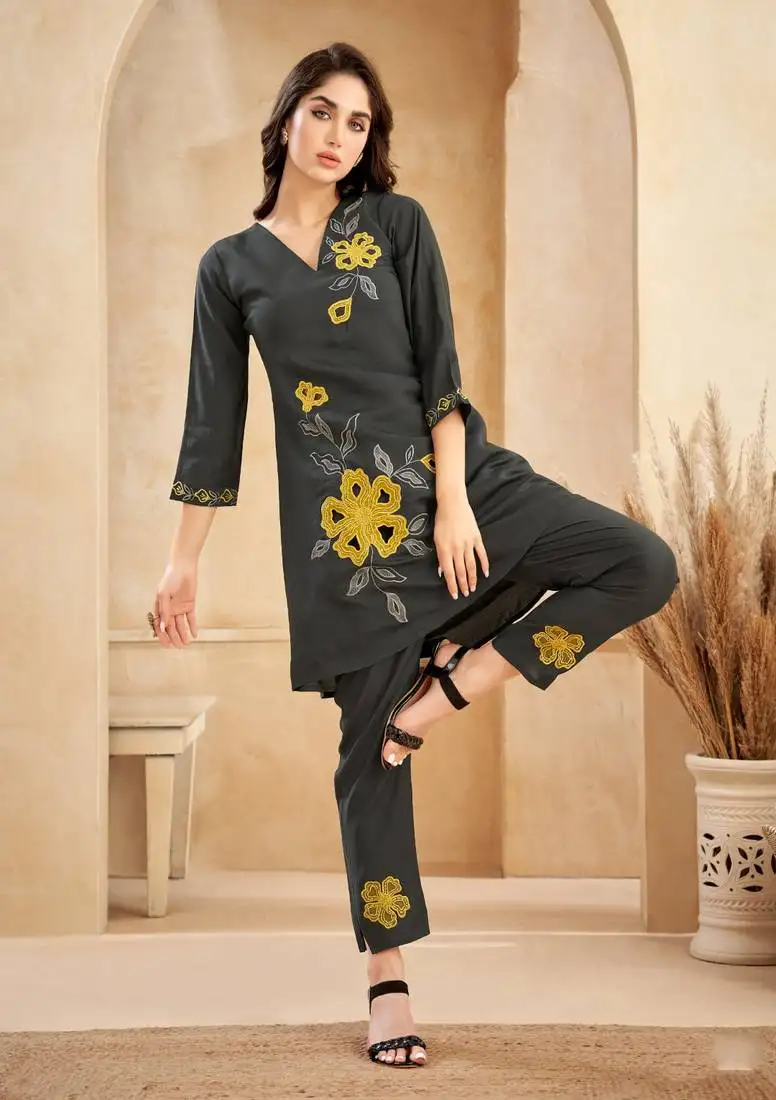 Grey embroidered viscose rayon raya angel co ord sets