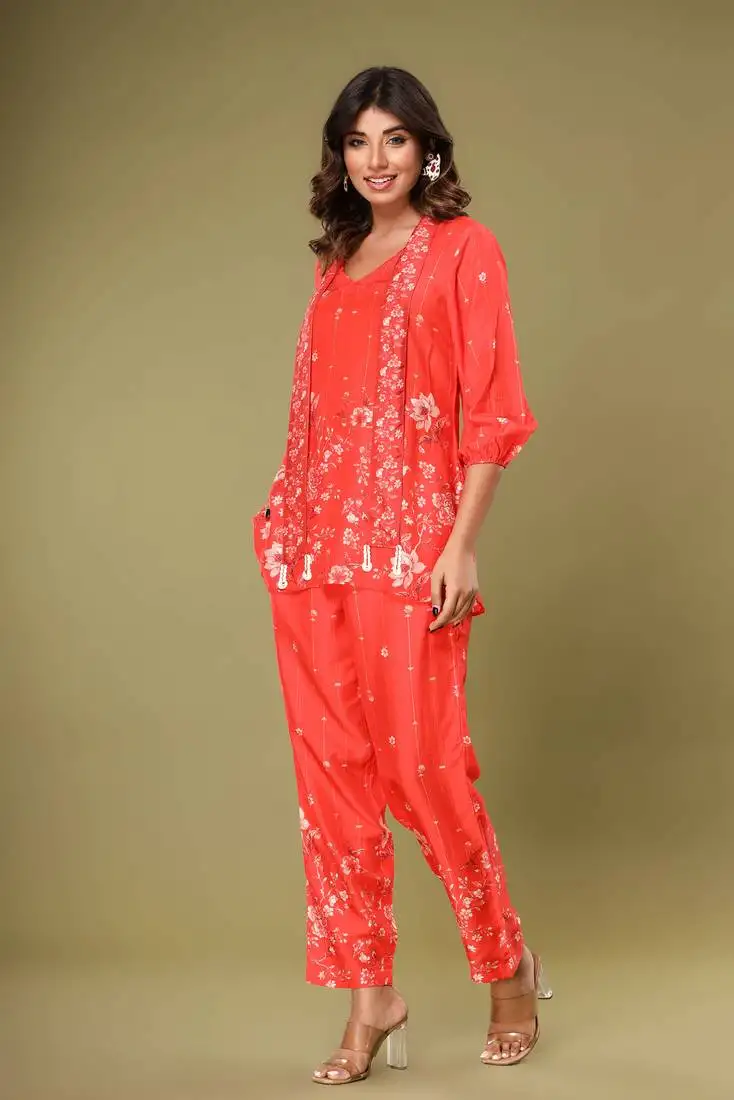 Red printed blended cotton raya angel co ord sets