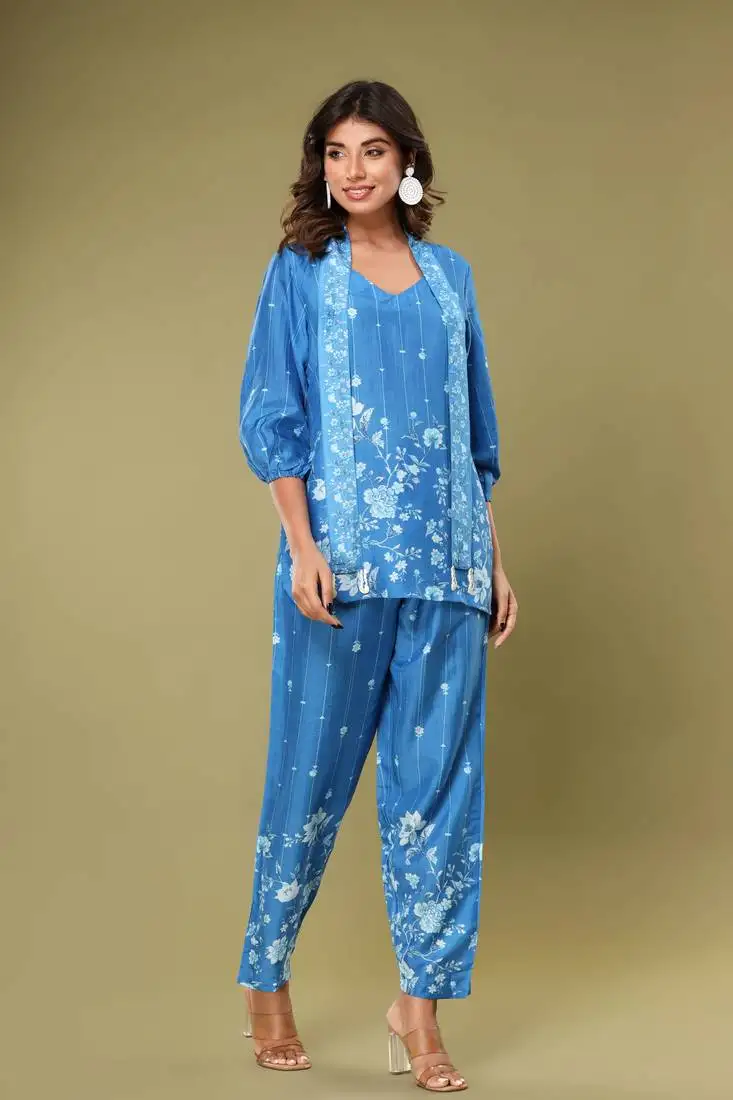 Blue printed blended cotton raya angel co ord sets
