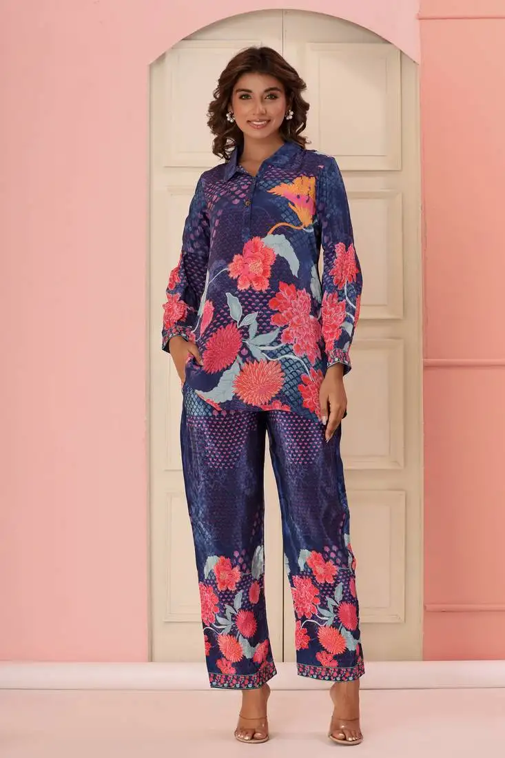 Navy blue printed blended cotton raya angel co ord sets