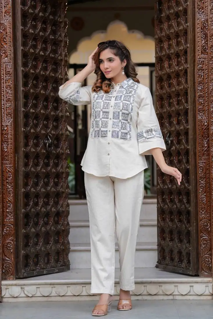 White embroidered cotton raya angel co ord sets