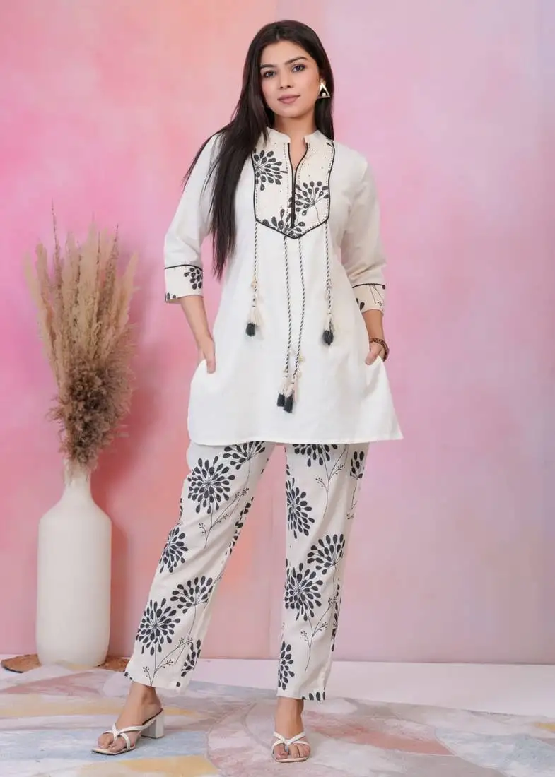 White printed cotton raya angel co ord sets