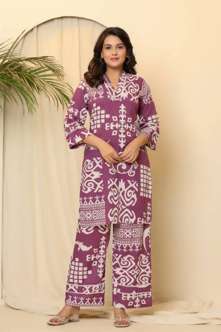 Purple printed cotton raya angel co ord sets