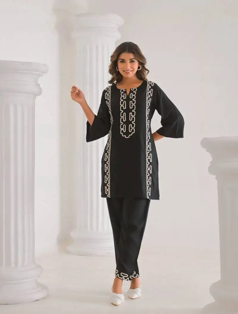 Black embroidered blended cotton raya angel co ord sets