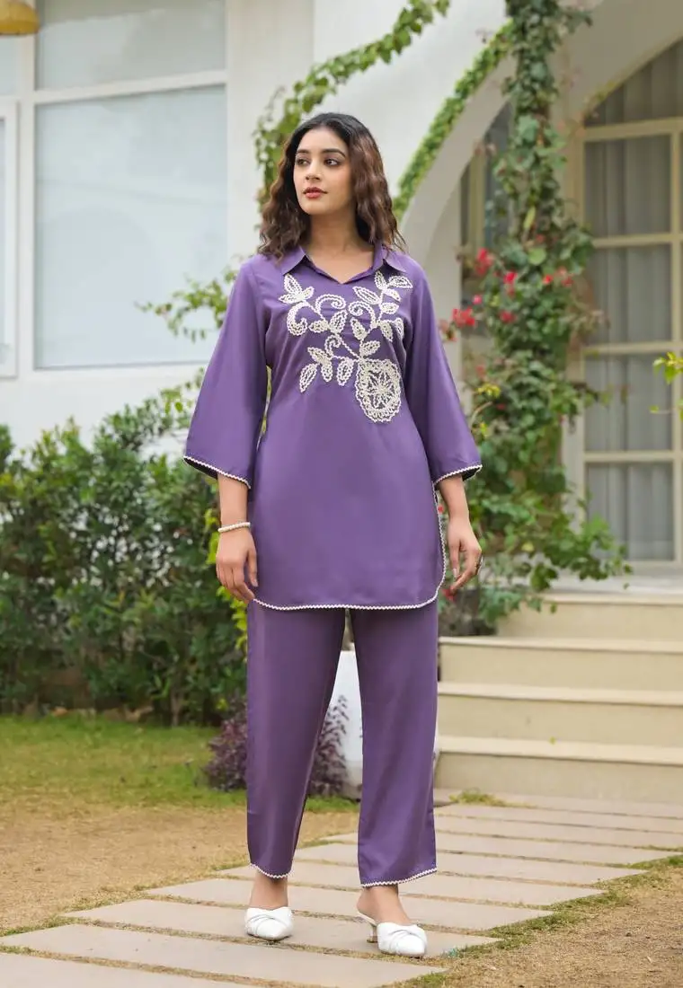 Purple embroidered blended cotton raya angel co ord sets