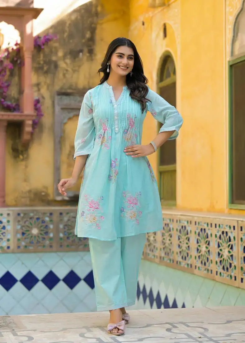Sky blue embroidered cotton raya angel co ord sets