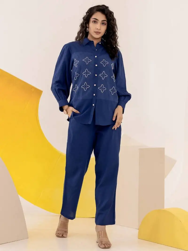 Navy blue embroidered cotton raya angel co ord sets