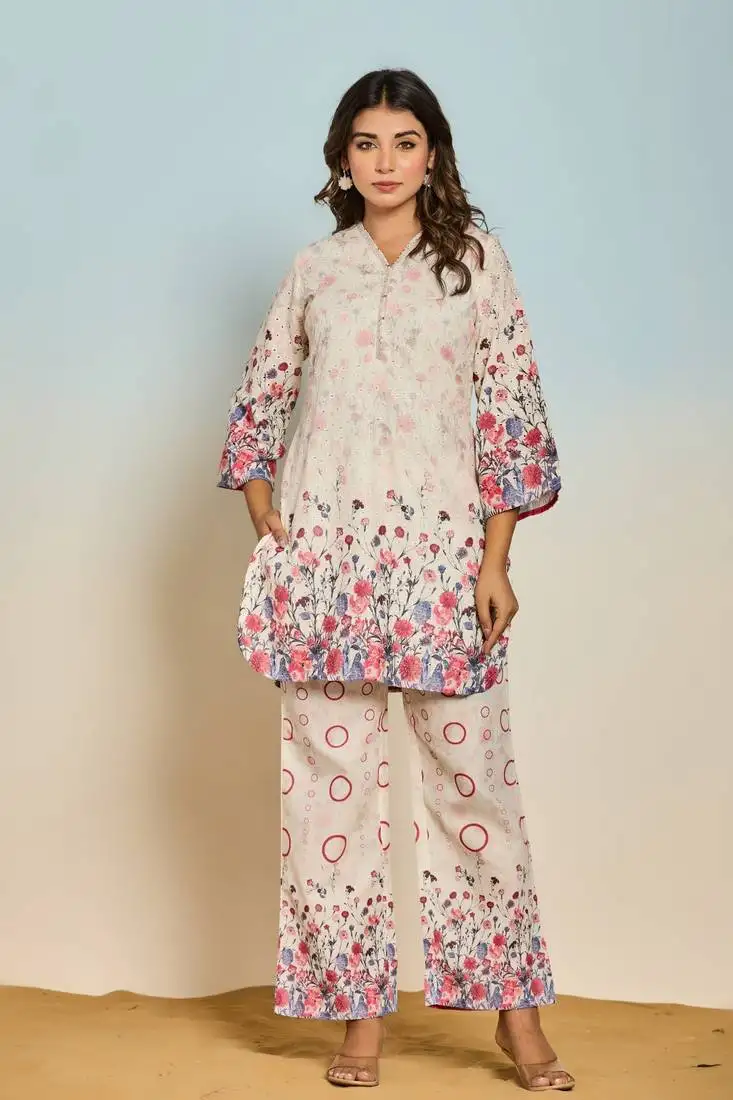 Beige printed cotton raya angel co ord sets