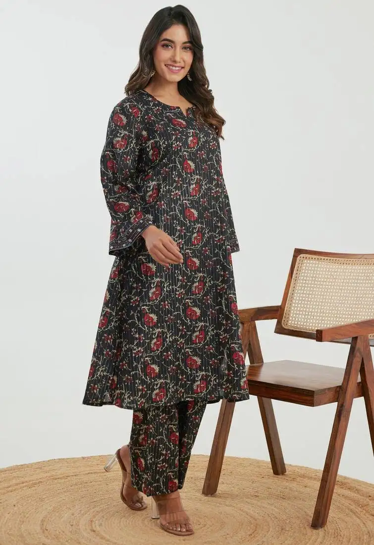 Black printed cotton raya angel co ord sets