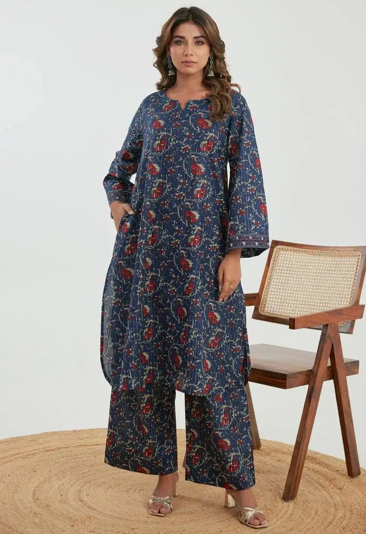 Navy blue printed cotton raya angel co ord sets