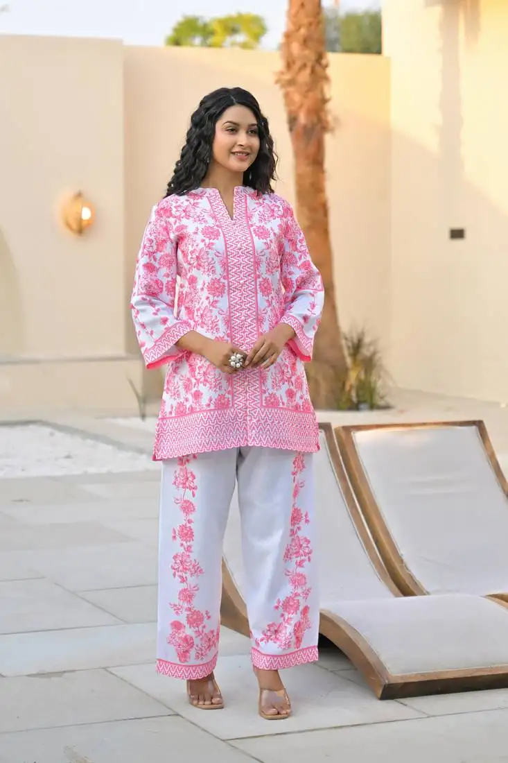 Pink printed cotton raya angel co ord sets
