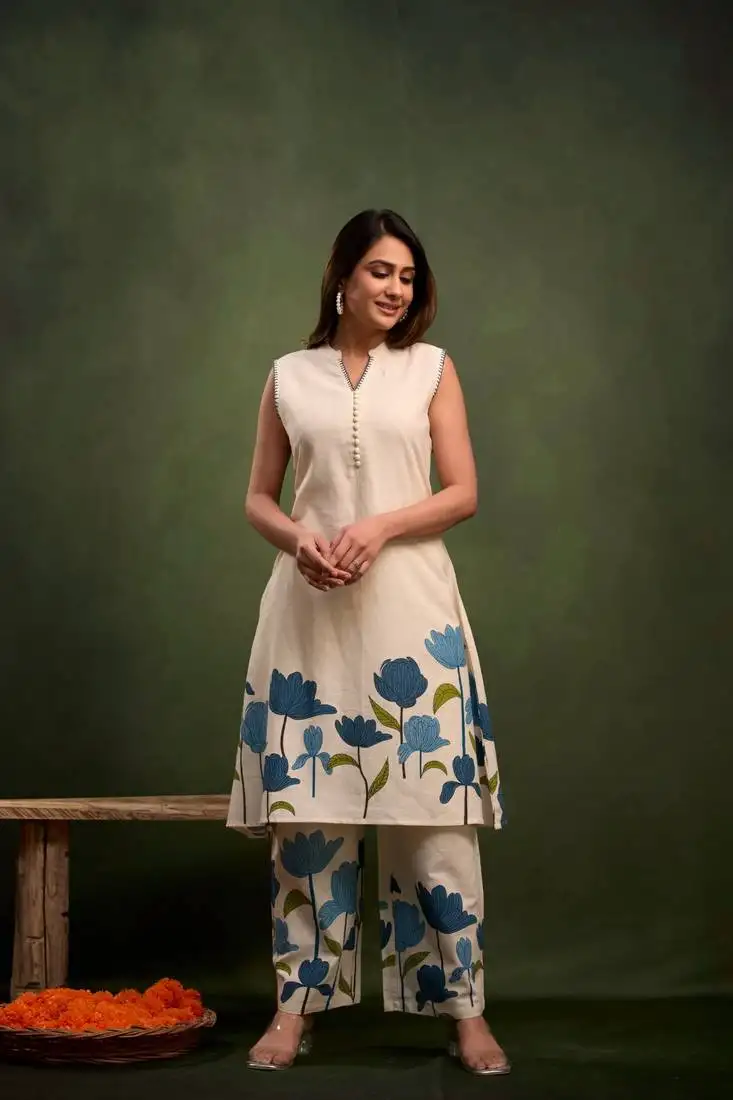 Blue plain blended cotton raya angel co ord sets