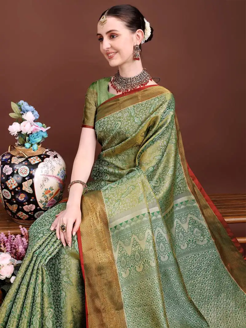 Green zari woven silk blend saree