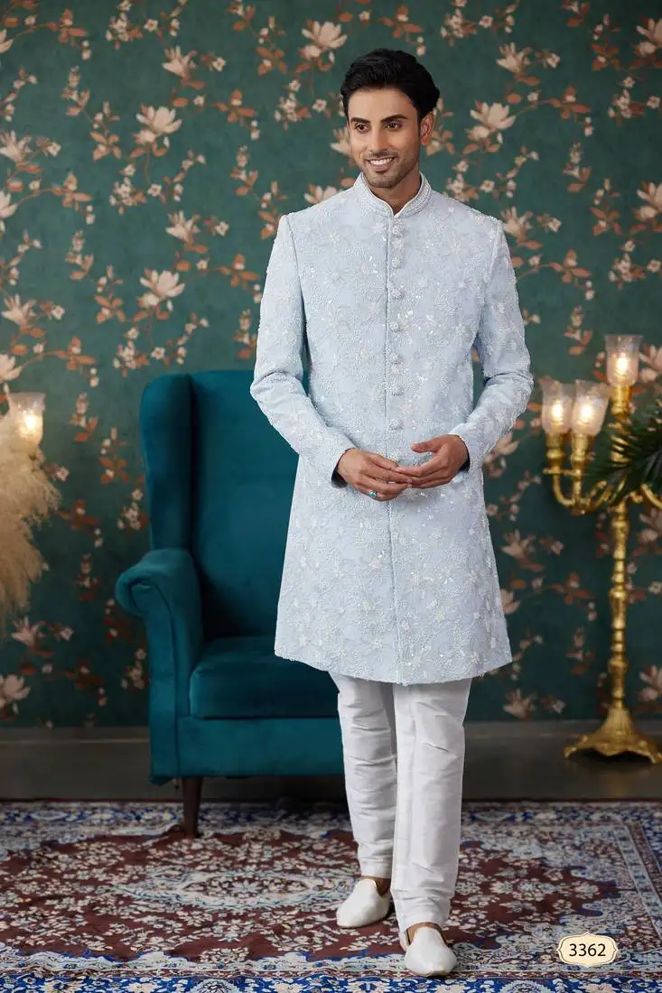 Blue sherwani with computer thread work on art silk and faux satin pajama for mens