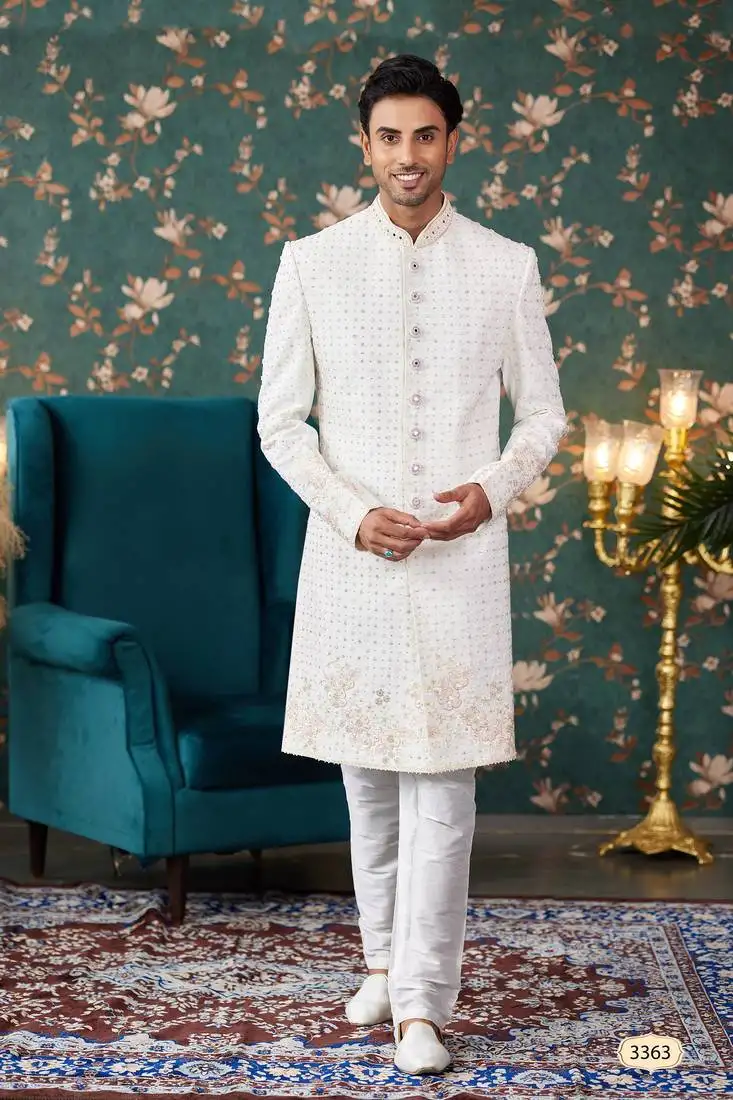 Off white sherwani with thread work on art silk and faux satin pajama for mens
