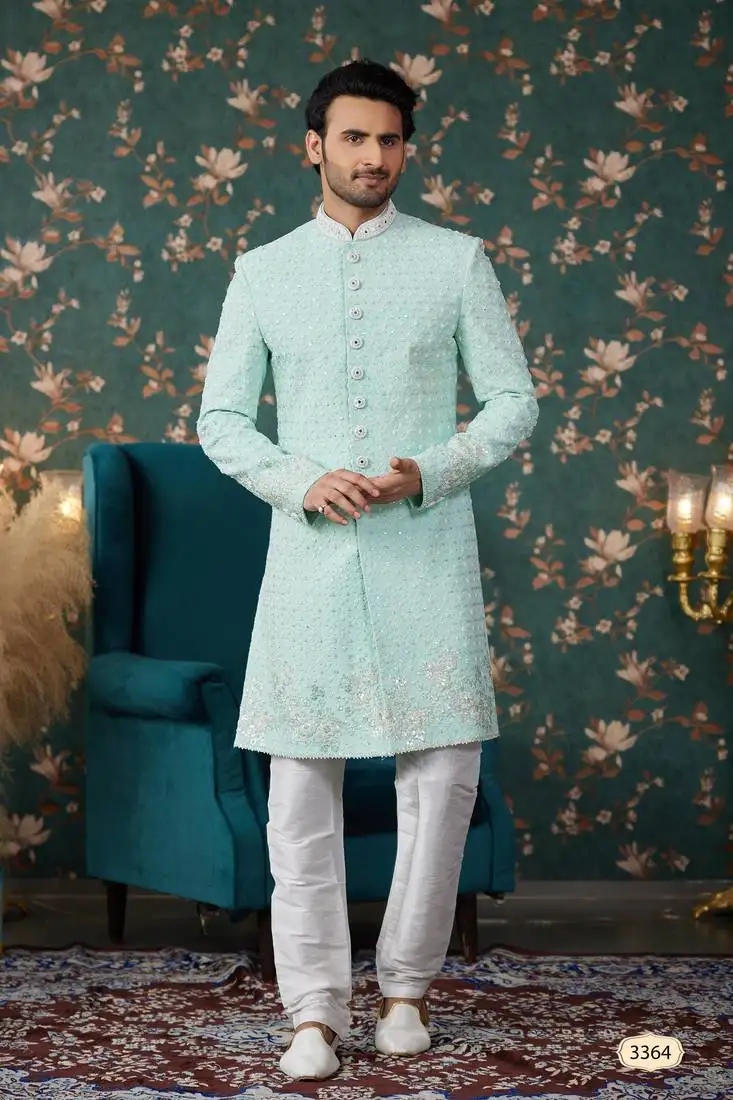 Pista green sherwani with computer thread work on art silk and faux satin pajama for mens