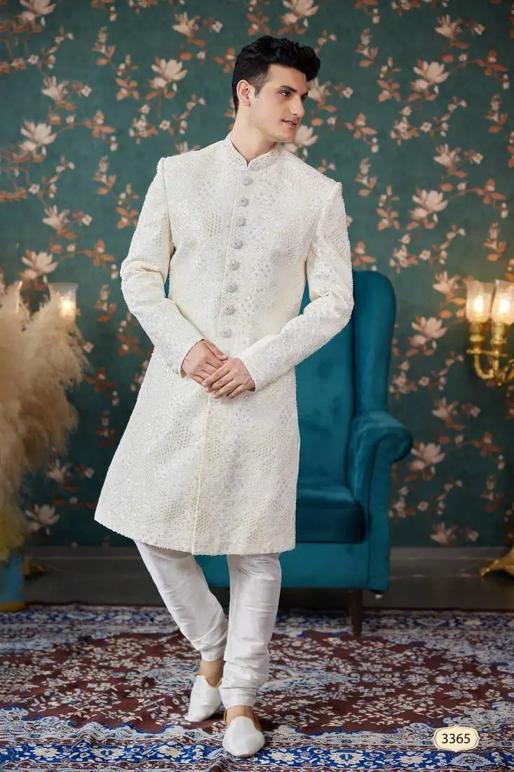 Beige art silk sherwani for royal weddings
