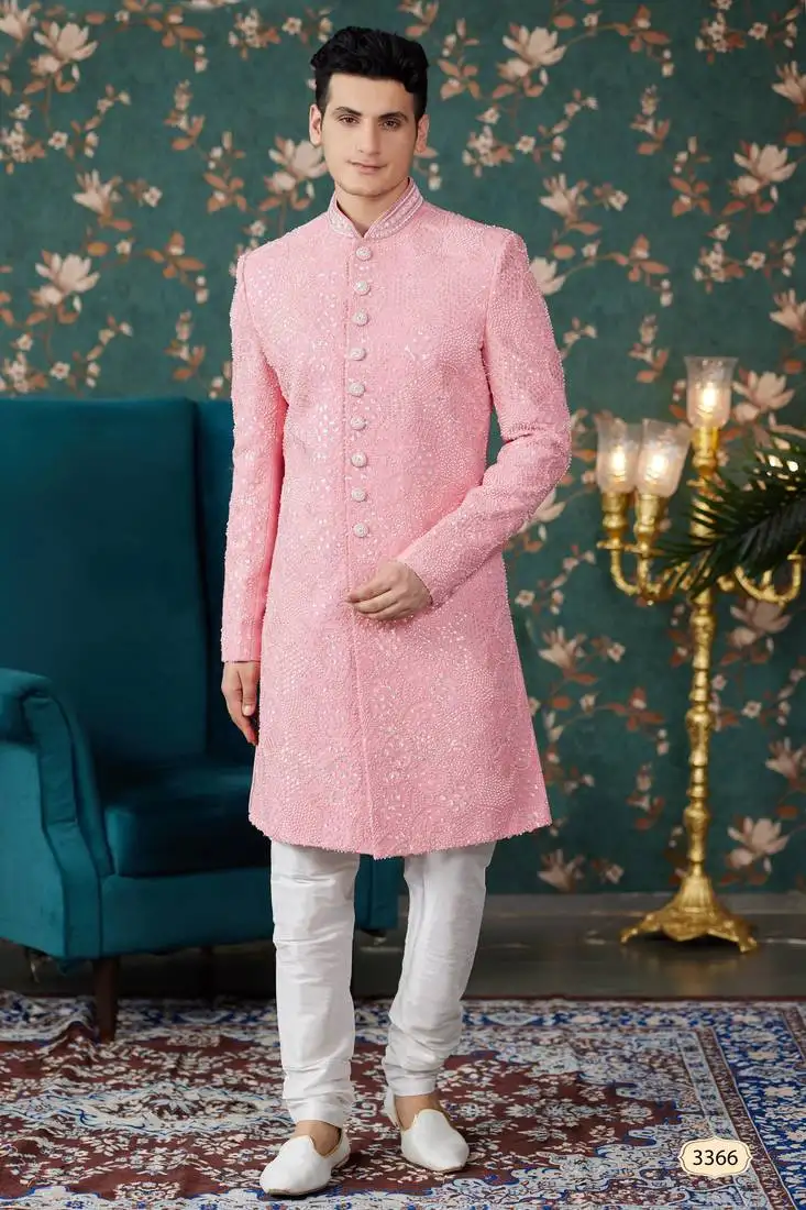 Pink sherwani with computer thread work on art silk and faux satin pajama for mens