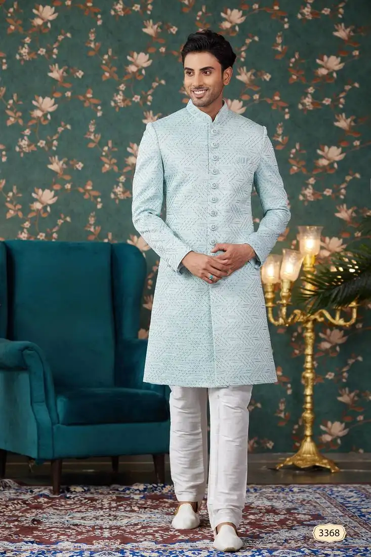 Blue computer thread work on art silk sherwani with faux satin pajama for mens