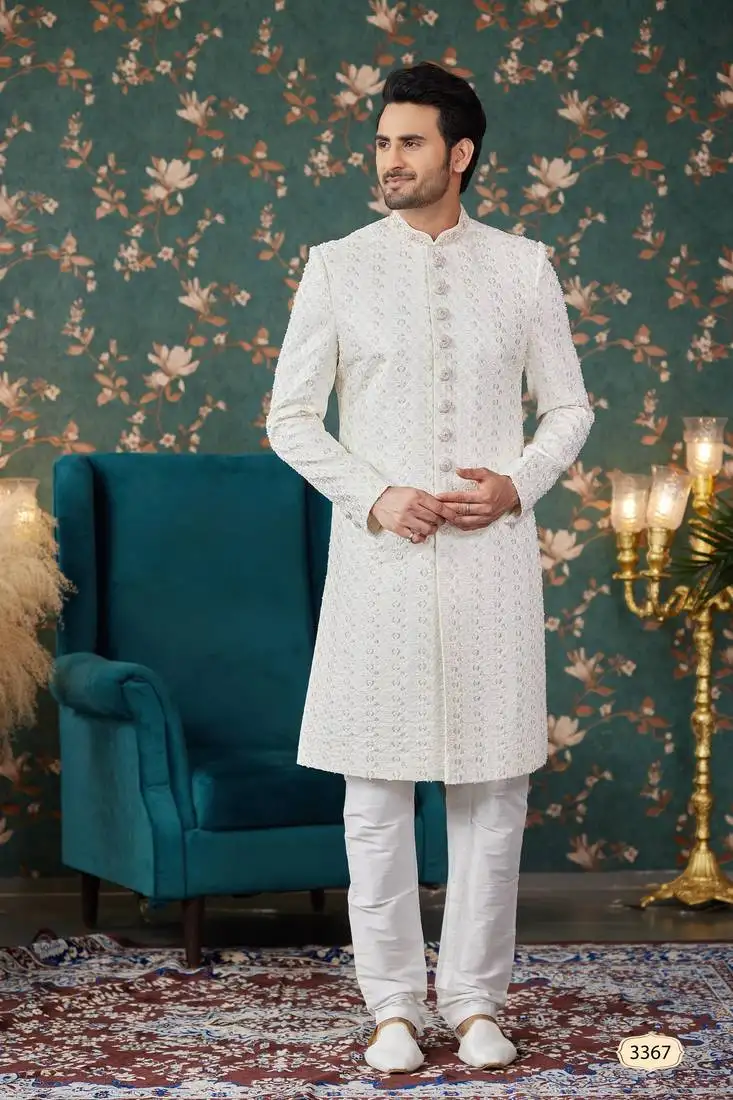 Off white computer thread work on art silk sherwani with faux satin pajama for mens